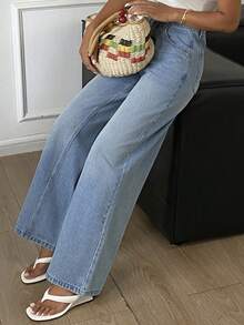 DAZY Jeans rectos casuales y sueltos con diseño de empalme jaspeado para mujer - Lavado ligero - Ver 5