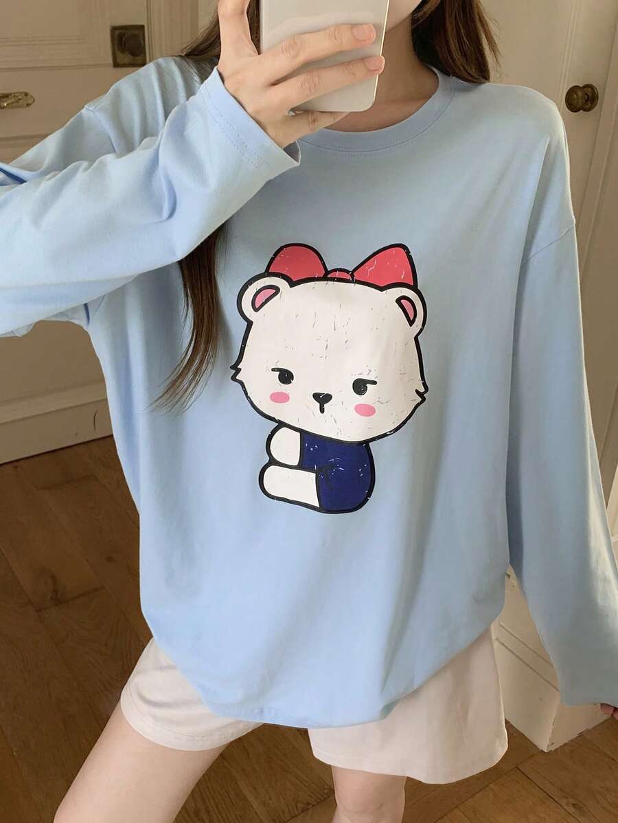 DAZY 可爱卡通熊印花宽松女式睡衣套装，春夏款 - 藍色 - 查看 1