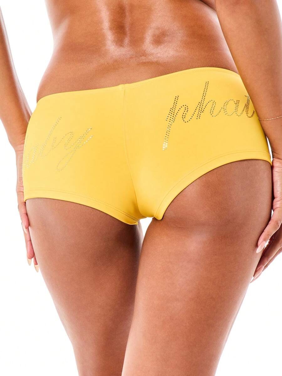 BABYPHAT 镶钻系带泳裤,前部系带设计,夏季海滩度假比基尼泳裤,中腰,黄色 - 黃色 - 查看 1
