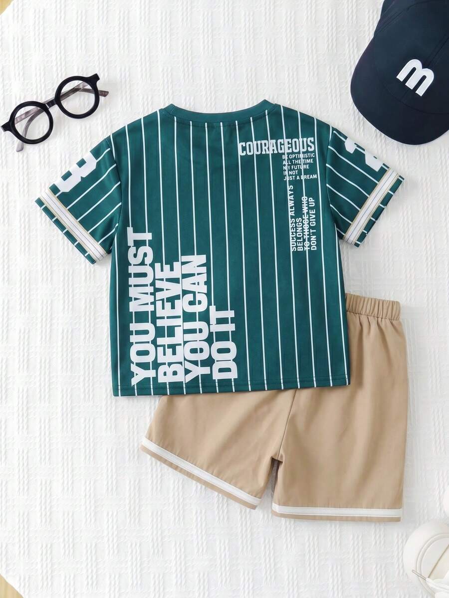 SHEIN 2件套儿童男童绿色棒球服套装，短袖圆领T恤和短裤，运动服，春夏男童服装
