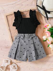 Elladie kids Young Girls' Black Ribbed Ruffle Trim Camisole Top & Grey Bow Print Shorts Set, Elegant Summer Birthday Outfit For Casual, Fashionable Daily Wear - Grey - View 8