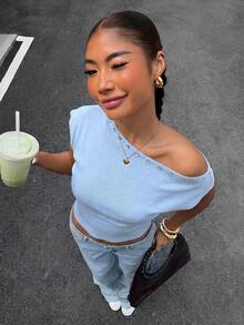 Muchica Women's Solid Color Asymmetrical Shoulder Casual Versatile Knit Top For Daily Wear - Blue - View 6