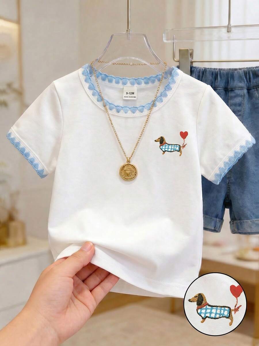 嬰幼兒女童可愛白色夏季休閒畢業季臘腸狗印花圓領藍色花卉飾邊短袖套頭T恤 6M-3T 衣物 - 白色 - 查看 1