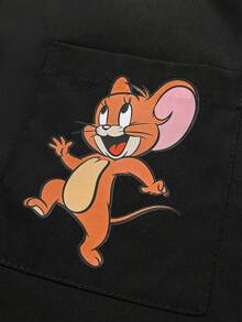 LOONEY TUNES X SHEIN PAVTROS 男士卡通印花单排扣口袋短袖衬衫 - 黑色 - 查看 8