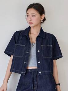 DAZY Women's Natural Color Loose Short Denim Jacket With Large Pockets, Suitable For Spring And Summer - Blue - View 5