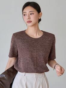Dazy-Less 女款寬鬆版型圓領短袖T恤，配色拼接條紋裝飾，夏季商務休閒女裝 - 咖啡棕 - 查看 5