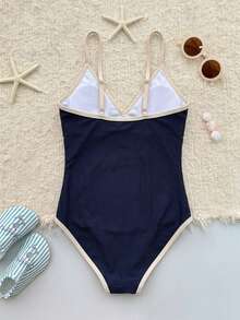 DAZY Traje de baño de una pieza con bloques de color para niñas preadolescentes, ideal para vacaciones - Azul Marino - Ver 2
