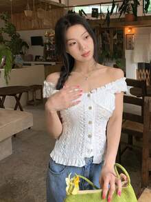 DAZY 女款紋理韓風休閒甜美短袖襯衫 夏季可愛上衣 - 白色 - 查看 7