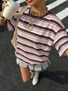 Muchica Women's Striped Round Neck Drop Shoulder Casual Versatile T-Shirt,Summer Top - Pink - View 4