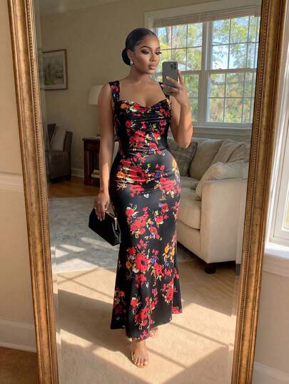 SHEIN Lady CURVE Plus Size Women Floral Print Ruched Waist Elegant Party Dress