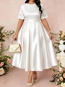 SHEIN Lady Plus Size Elegant Party Solid Color Lace Patchwork Dress - White - View 4