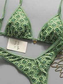 Swim Mod Conjunto de bikini sexy con tirantes finos y estampado floral aleatorio para mujer, verano - Multicolor - Ver 4