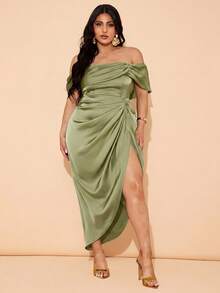 SHEIN BAE Plus Size Women Elegant Draping Mid-Length Dress, Suitable For Weddings, Bridesmaid, Cocktail And Formal Occasions - Mint Green - View 5