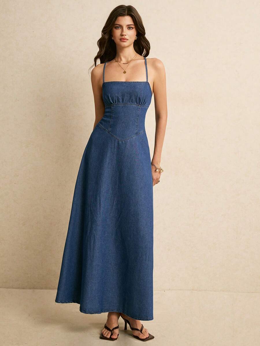 Poéselle Đầm slip denim thời trang mùa hè dành cho nữ - Rửa trung bình - Xem 1