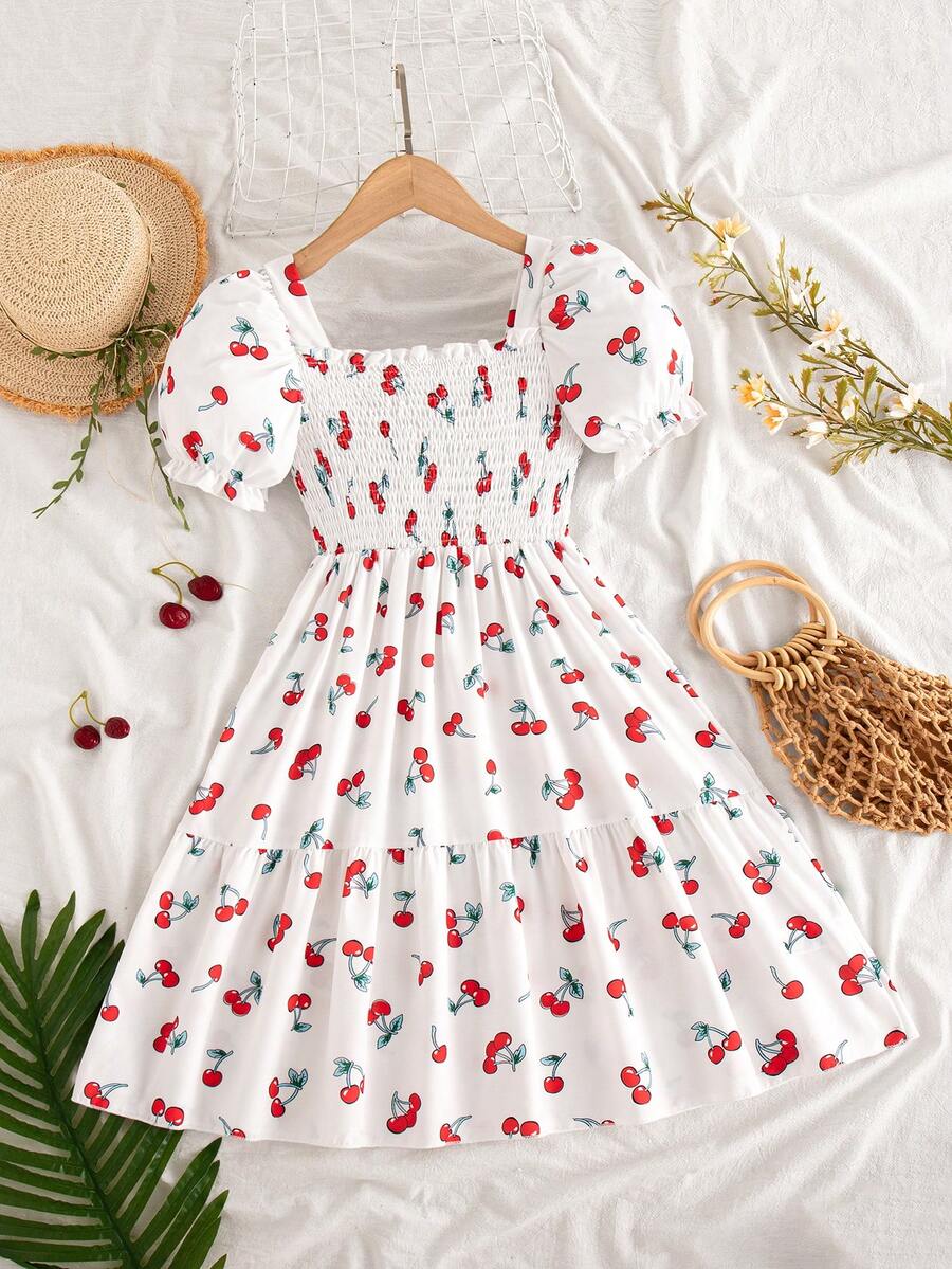 SHEIN Elladie kids 1件女童夏季新款多巴胺度假樱桃印花吊带连衣裙，可爱时尚沙滩裙，适合外出和度假 - 彩色 - 查看 1