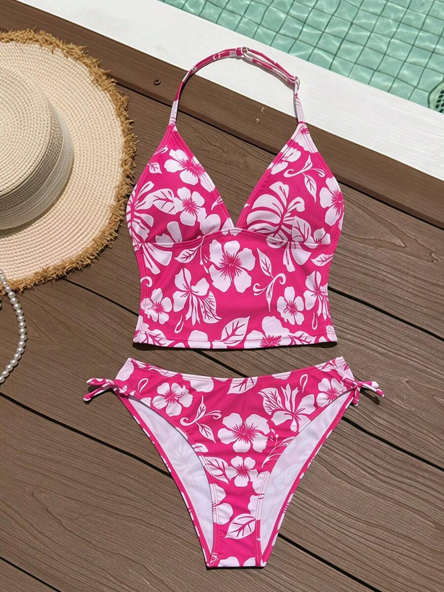 Bộ đồ bơi tankini cổ yếm và tankini tam giác in hoa mùa hè dành cho bé gái tuổi teen. - Màu Hồng Tươi - Xem 1