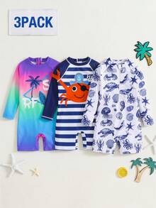 SHEIN Young Boy Colorful Gradient Rainbow Knit One-Piece Swimsuit, Suitable For Casual Beach, Resort, Hot Spring, Swimming - Multicolor - View 3