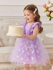 SHEIN Glamorique Kids 女婴公主风3D立体花朵蝴蝶网纱连衣裙，可爱，适合生日派对、婚礼、节日等正式场合，紫色网纱连衣裙 - 紫色 - 查看 2