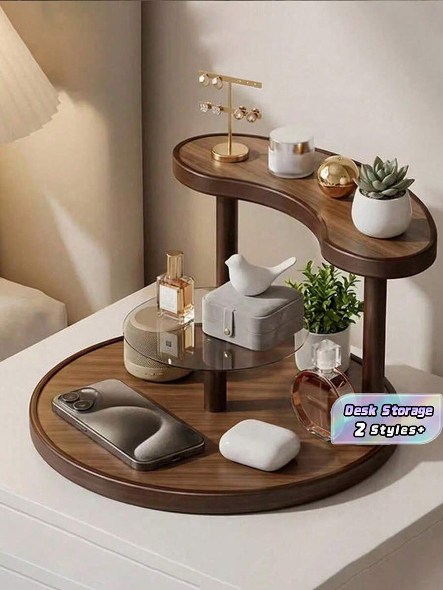 Vintage Solid Wood Vanity Skincare Storage Rack Multi-Tier Lipstick Perfume Cosmetics Organizer Suitable For Dining Table Countertops Teacups, Water Glasses, Coffee Mugs & Tea Sets Storage Home Double-Tier Shelf,Makeup Bag,Travel Essential - Walnut - View 1