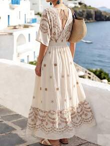 SHEIN Holidaya Summer Bohemian Fully Embroidered Elegant Dress, Suitable For Beach Vacation - Apricot - View 2