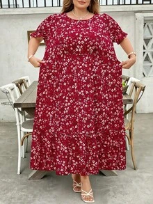 SHEIN CURVE+ 大码女式度假印花花瓣袖休闲连衣裙 - 彩色 - 查看 3