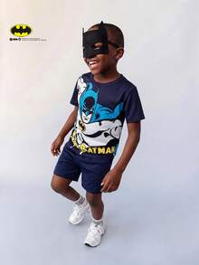 Maija Kids BATMAN X SHEIN Maija Kids Bộ đồ 2 món cho bé gái, gồm áo thun cổ tròn tay ngắn in hình động vật hoạt hình và mặt nạ ngủ. - màu đen - Xem 2