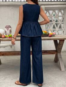 SHEIN Bộ đồ hai mảnh denim dành cho bà bầu, trang phục mùa hè, lễ hội, đi làm, nghỉ mát, tốt nghiệp, phong cách Y2K, dễ thương, thời trang đường phố, quyến rũ, dự tiệc, đám cưới, thanh lịch, công sở, đi biển, tốt nghiệp. Bộ áo liền quần denim dành cho bà bầu, 100% cotton, cổ chữ V, không tay, ống rộng, thoải mái cho mùa hè. - Màu xanh lam - Xem 2