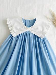 SHEIN Young Girl Sleeveless Light Blue Sundress With White Ruffled Peter Pan Collar And Bow Detail For Summer - Blue and White - View 4