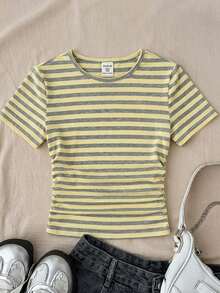 Camiseta ajustada con cuello redondo, de rayas amarillas y grises, de estilo casual y elegante para niñas preadolescentes - Amarillo - Ver 1
