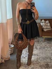 Freevana Vestido tubo casual de fiesta con parches de encaje y volantes en unicolor para mujer de talla grande - Negro - Ver 10