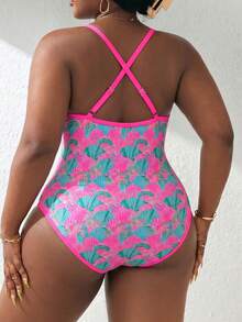 Swim Lushoire 2026 Spring/Summer Plus Size Women's Hollow Out Shell Print One-Piece Swimsuit, Lifting Holiday Holiday Vacation Pink Yellow Tropical - Multicolor - View 2