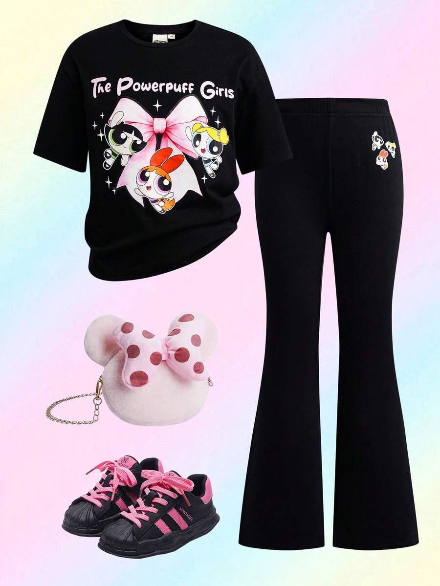 THE POWERPUFF GIRLS X SHEIN 少女领结卡通印花T恤和喇叭裤套装 - 黑色 - 查看 1