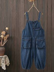 EMERY ROSE Mature Denim 女士夏季休闲3D口袋宽松牛仔背带裤 - 藍色 - 查看 4