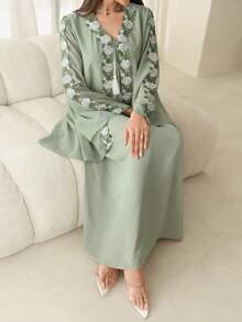 Al Najma 女士优雅蕾丝贴花流苏系带连衣裙 - 綠色 - 查看 7