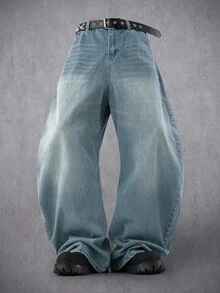 Manfinity Denimwave Y2K复古风男士蓝色水洗宽松筒状牛仔裤，做旧宽松版型，适合送给老公、男友，街头学院风运动休闲外出穿着 - 深色水洗藍 - 查看 5