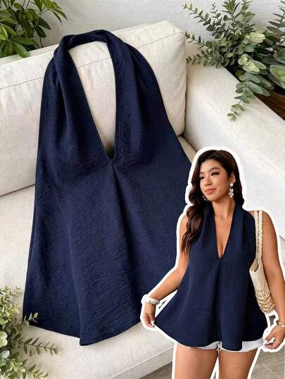 Weeklong Blusa elegante sin mangas de cuello en V de lino sintético para mujer de talla grande