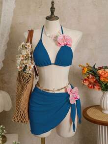 Oceva Conjunto de bikini de 3 piezas de unicolor con tirantes finos para mujer talla grande - Azul - Ver 4