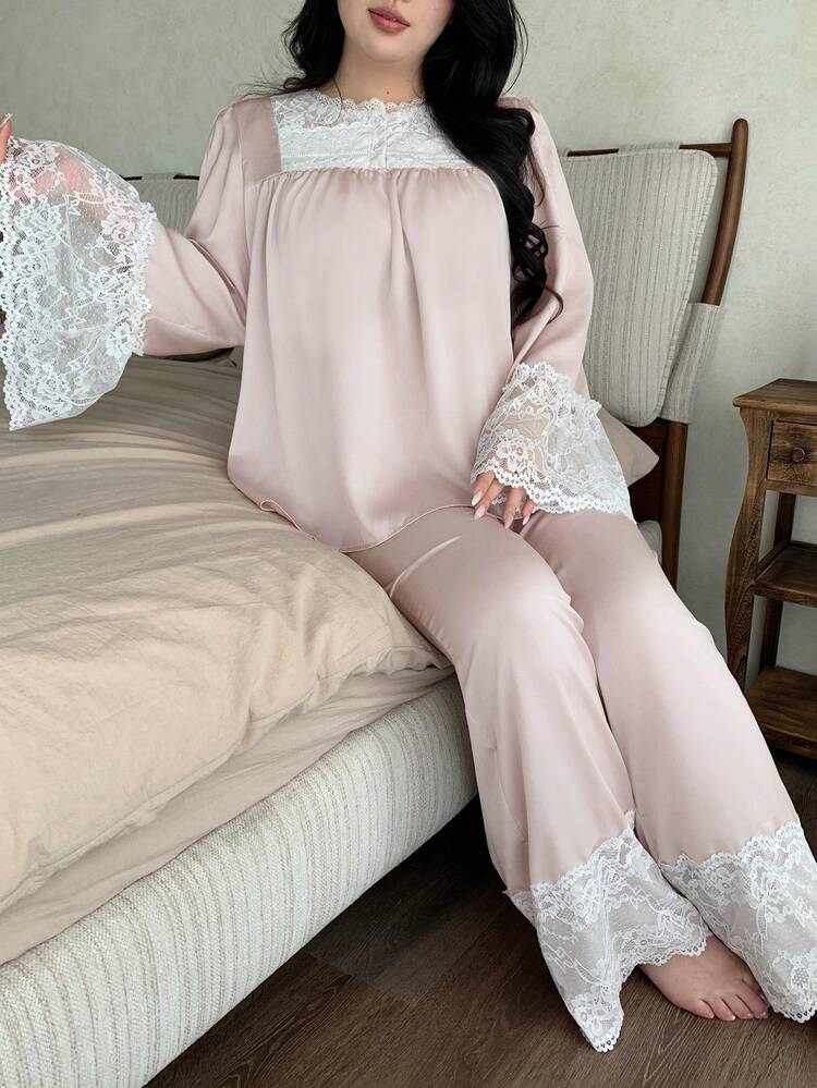 Dazy Plus Elegant Satin & Lace Patchwork Wide Sleeve Pullover Top And Long Pants Plus Size Women Pajama Set, Pink, Spring/Summer/Autumn