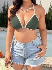 Swim SXY Damen Große Größen Sommer Sexy Blau & Weiß Kontrast Farbe Bademode Oberteil, lässiges Neckholder Bindedesign mit Dreieckskörbchen, geeignet für Strandurlaub & Feiertagsparty - Grün - Übersicht 5