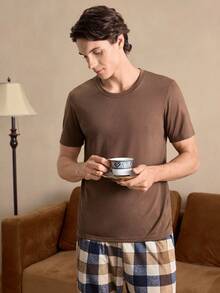 SHEIN Men's Solid Color Short-Sleeved Top & Plaid Pants Homewear Set - Coffee Brown - View 5