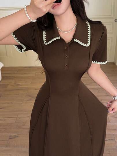 Feyla New Arrival Korean Style Waist Cinching Contrast Color Dogstooth Trim Polo Collar Comfortable Casual Everyday Versatile Retro Collegiate Dress