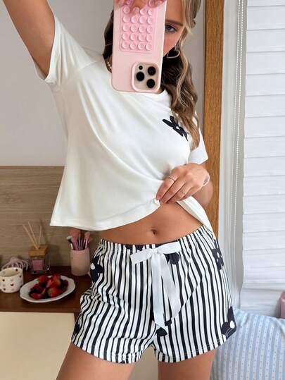 Women's Floral Print Short Sleeve Top And Shorts Casual Pajama Set
