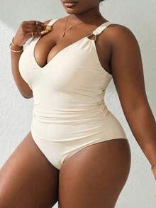 Swim Lushoire Nuevo traje de baño de una pieza para mujer talla grande con decoración en forma de lágrima, tirantes anchos, control de abdomen y cintura alta, color beige - Beis - Ver 4