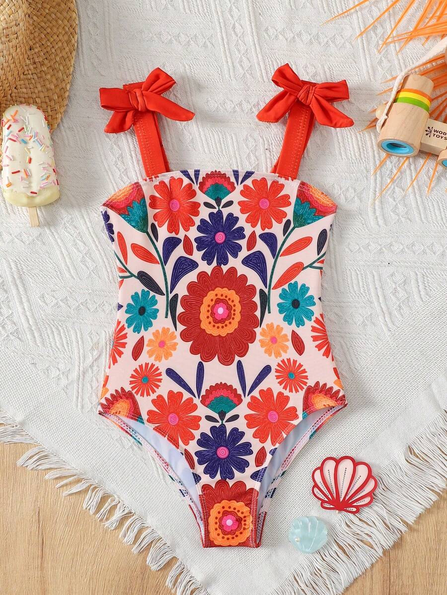 SHEIN Áo hai dây bikini một mảnh in hình cây nhiệt đới, nhiều màu sắc, dễ thương, phối nơ trang trí. - Nhiều màu - Xem 1