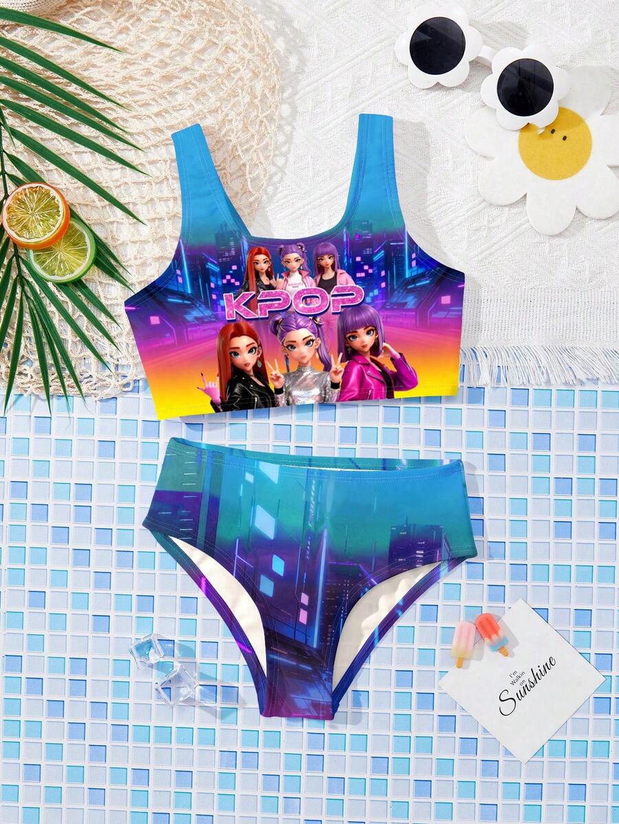 SHEIN Bộ đồ bơi tankini in chữ và hoạt hình dành cho bé gái, thích hợp cho mùa hè. - Nhiều màu - Xem 1