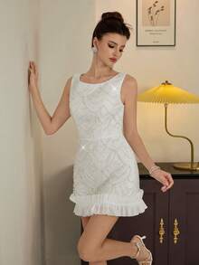 Poshira Elegant Mini Round Neck Dress,Water-Soluble Floral Pearl Design,Ruffled Hem For Birthday,Graduation,Cocktail Party,Music Festival,Spring/Summer Style - White - View 4