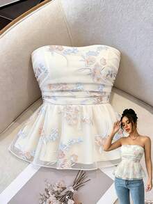 Qadelle Floral Embroidered Fabric Ruched Waist A-Line Camisole Top For Women, Romantic Vacation Style - Multicolor - View 4