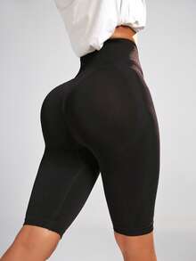 Seamluxe SHEIN Sport Quần short thể thao nữ màu trơn, cạp cao, không đường may, co giãn. - màu đen - Xem 2