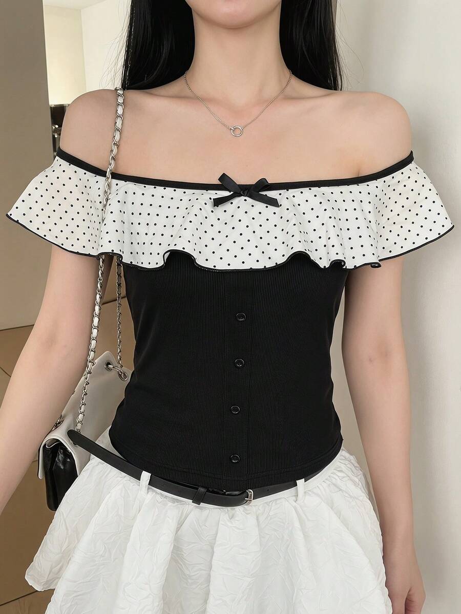 DAZY Women's Casual Contrast Color Bow Short Sleeve T-Shirt - Black and White - View 1