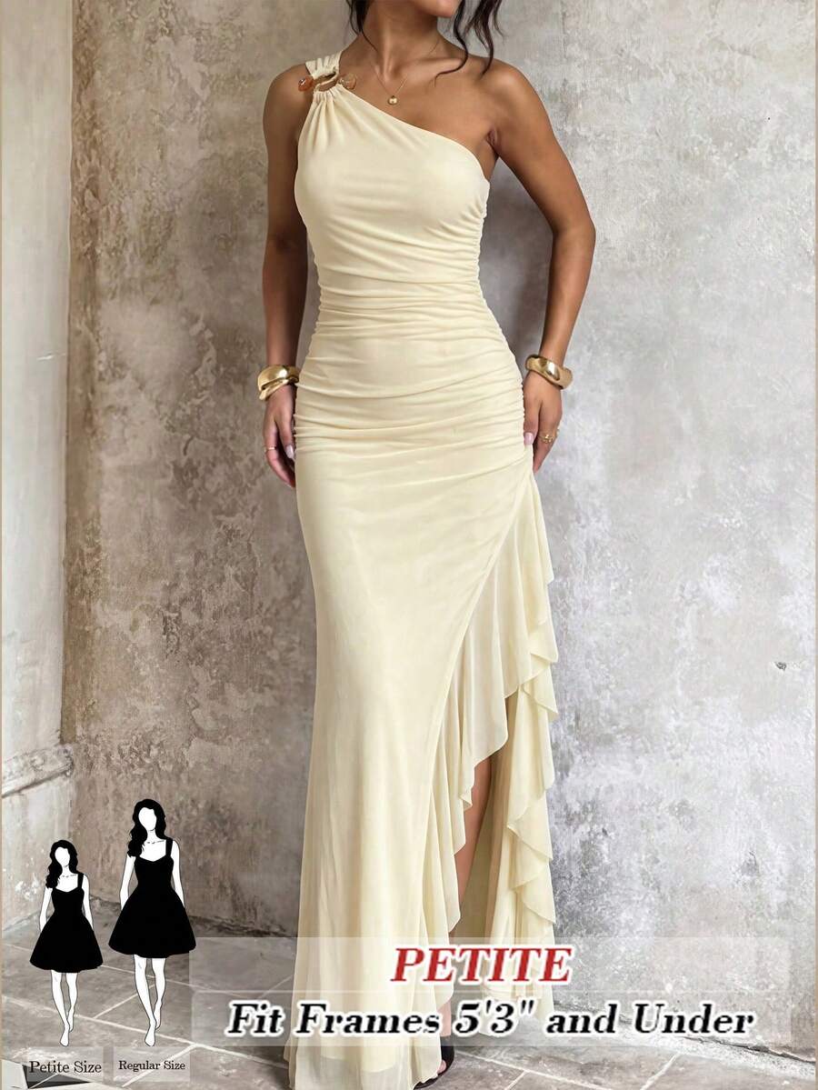 SHEIN PETITE Women's Cream Summer Seductive Tropical Cocktail One-Shoulder Knitted Mesh Maxi Dress,High Slit Ruffle Hem Ruched Elegant Wedding Guest Party Dress ,Petite Women - Apricot - View 1